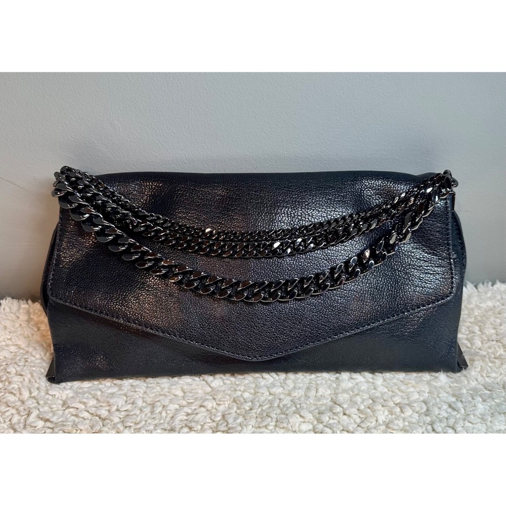MILLY Genuine Leather Black Envelope Clutch Purse Gunmetal Chain Bag